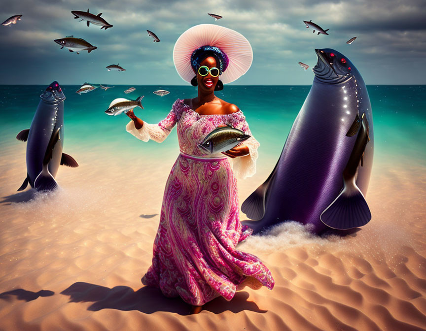 Vibrant woman on beach with fish, flying fish, and whales