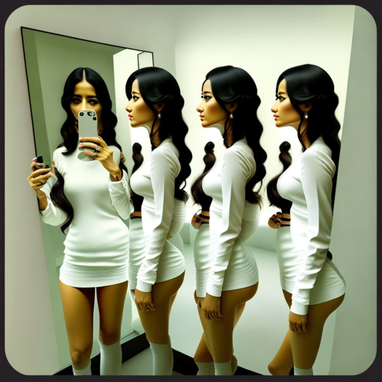 Multiple reflections of woman in white dress taking selfie in mirrors