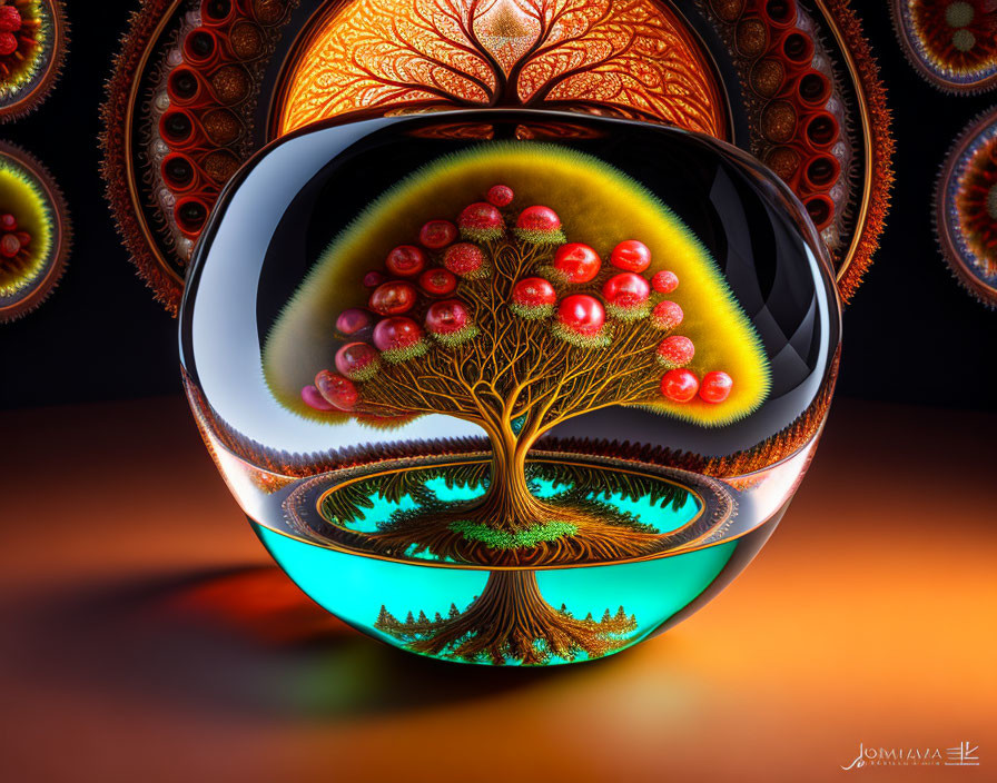 Colorful fractal image of tree with red foliage in spheres on dark background