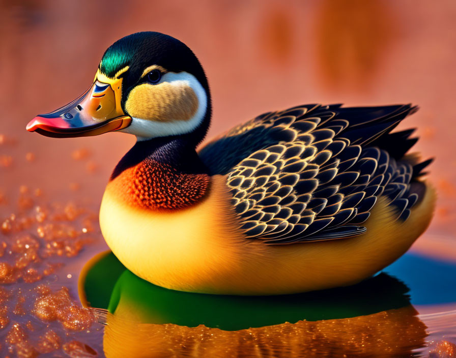 Vibrant duck with black head and orange beak on calm water