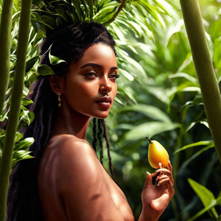 Braided hair woman posing with lemon in lush green foliage