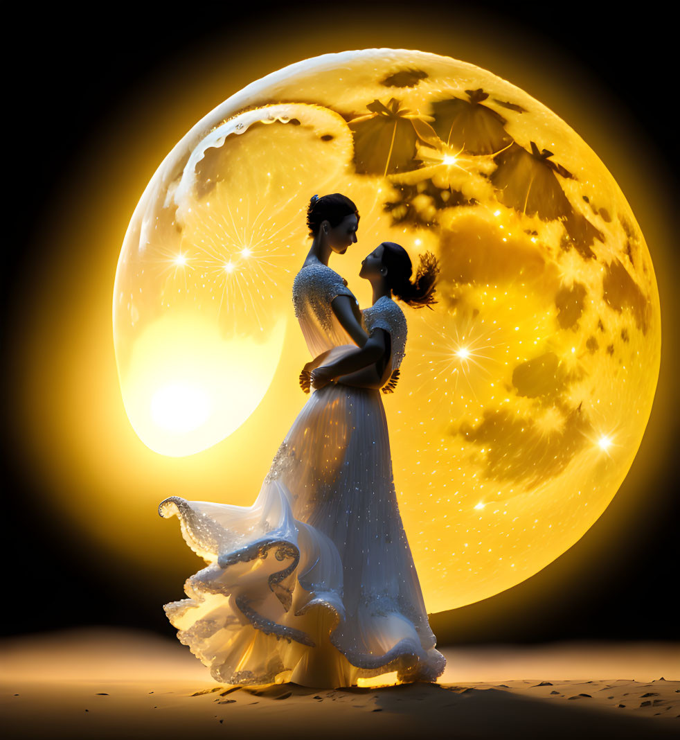 Romantic couple embracing under oversized moon and starry sky