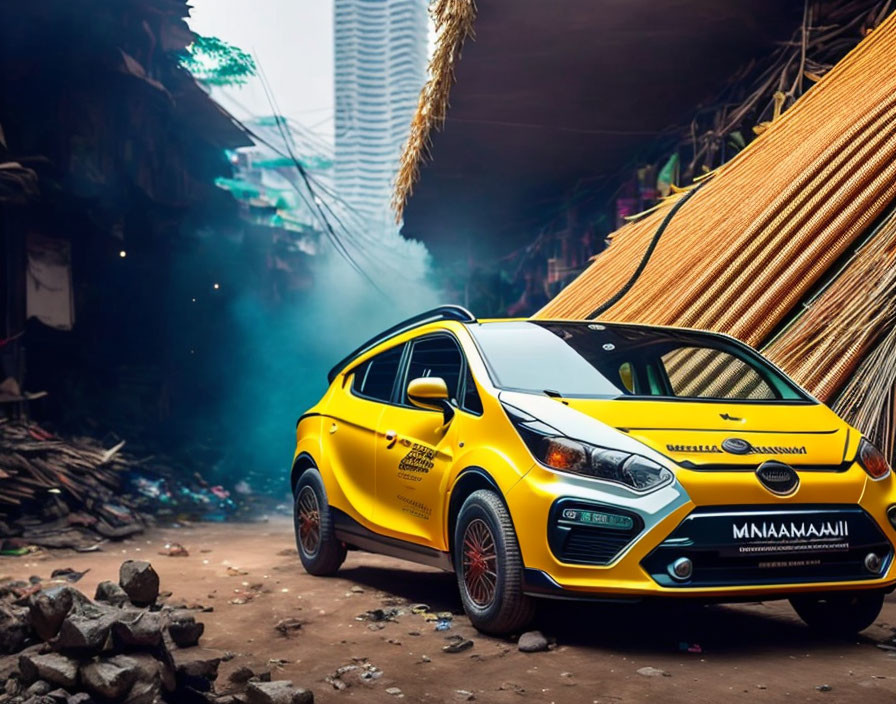 Yellow Taxi Parked in Narrow Alley with Bamboo Stacks and Blue-Tinted Light