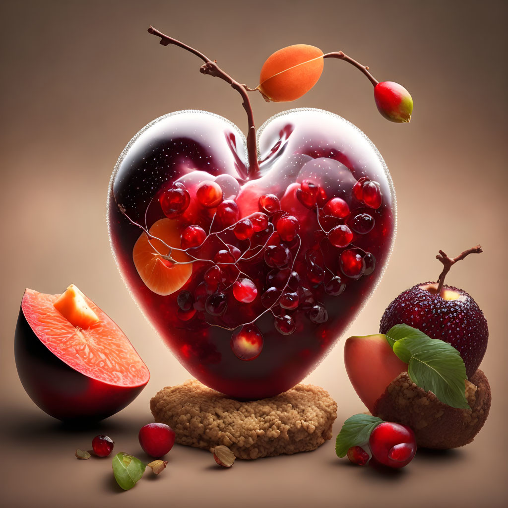 Glass-like Heart-Shaped Apple with Cherries, Orange, Passion Fruit, and Seeds