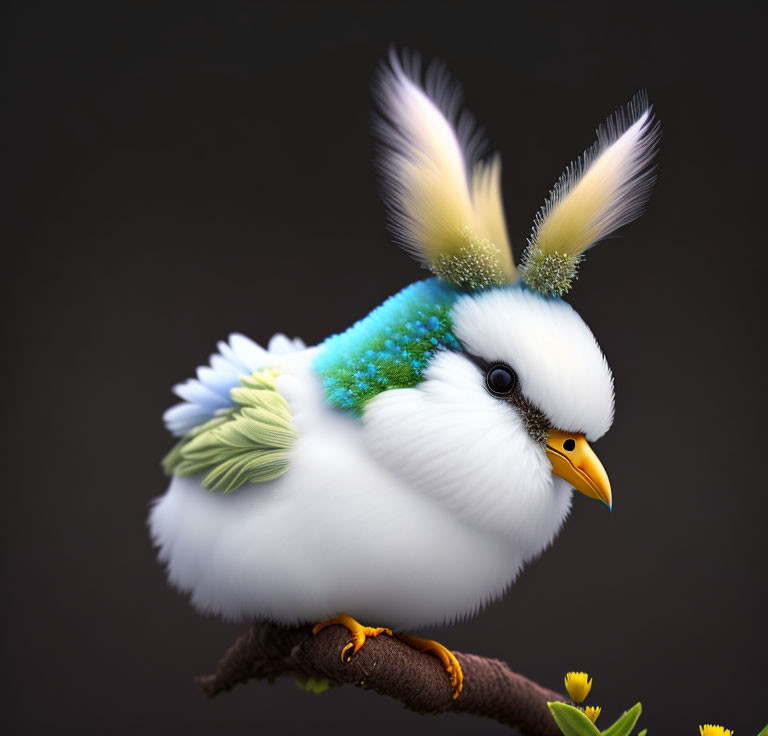 Colorful illustration of a plump white bird with yellow beak and vibrant blue-green hues.