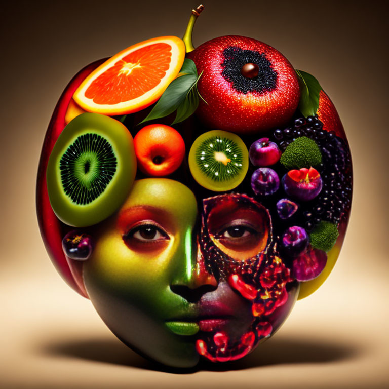 Digital artwork: Human face blended with apple, adorned with sliced fruits like orange, kiwi, and