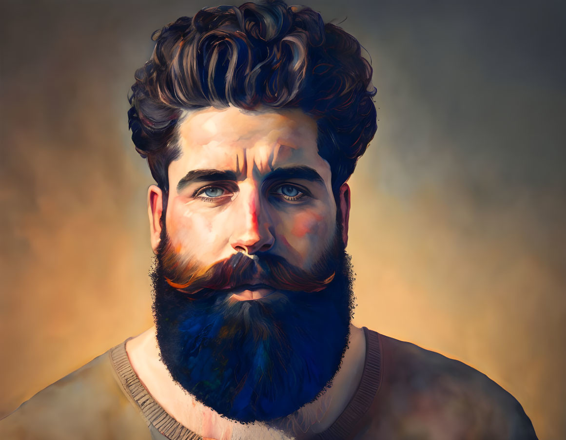 Digital painting of man with thick beard and hairstyle on abstract background