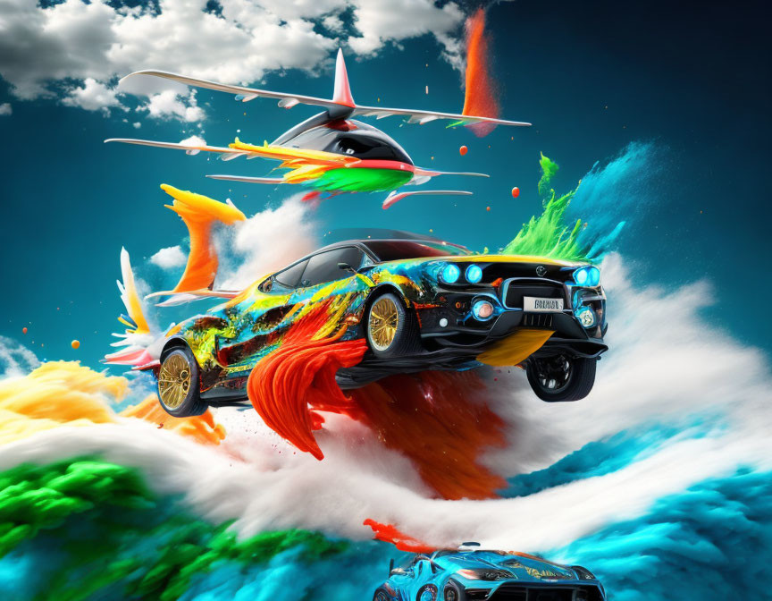 Colorful surreal artwork: Flying cars in dynamic sky