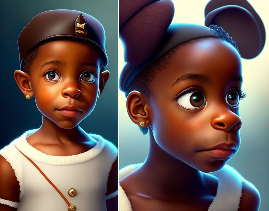 Stylized digital portraits of young girl with expressive eyes in cap and bow