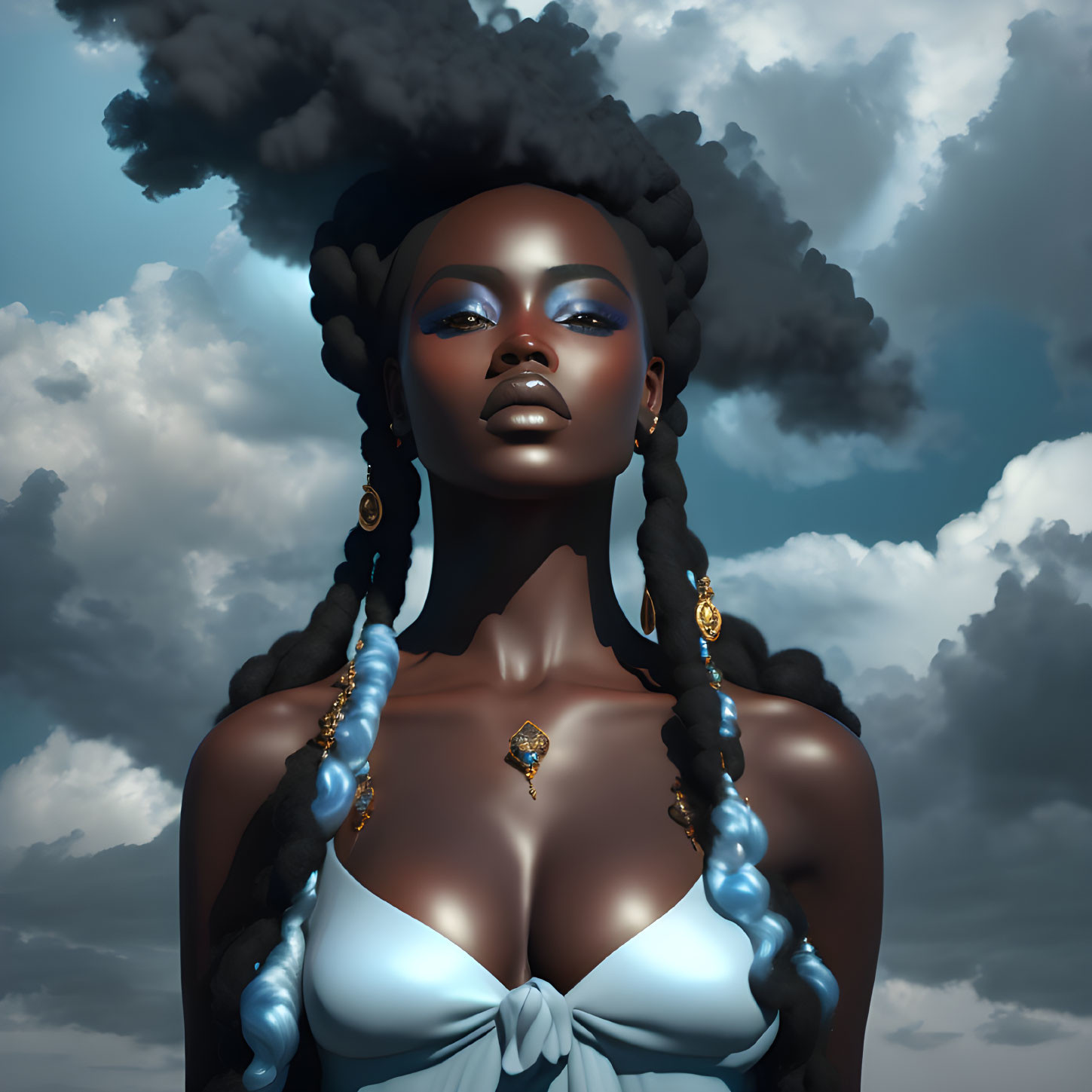 Digital artwork featuring woman with dark skin, blue eyeshadow, and braided hair against cloudy sky