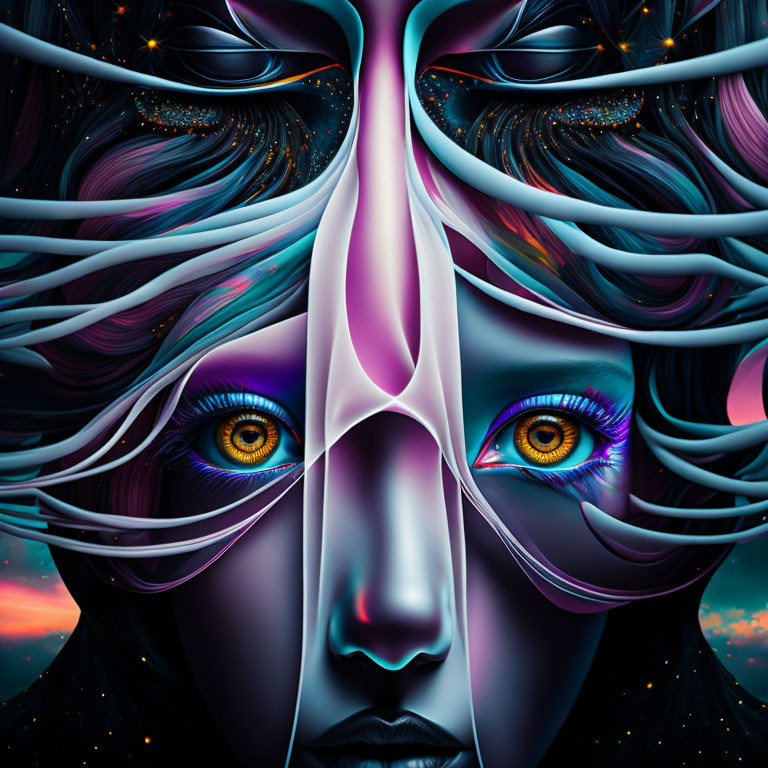 Symmetrical surreal portrait in vibrant blue and purple hues