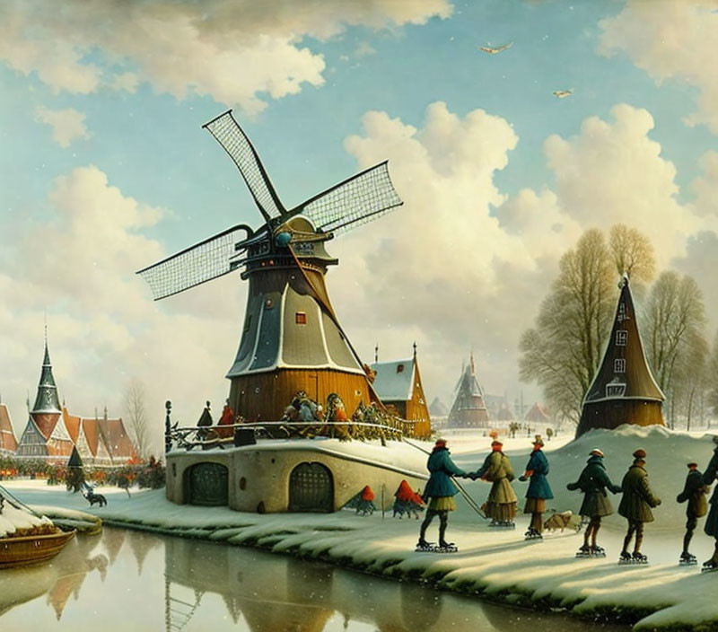 Winter ice skating near traditional windmill and houses under clear sky