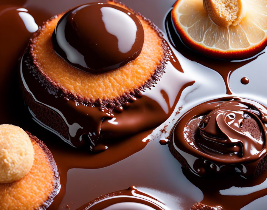 Close-up of dessert with chocolate glaze, orange slice, and biscuit garnish