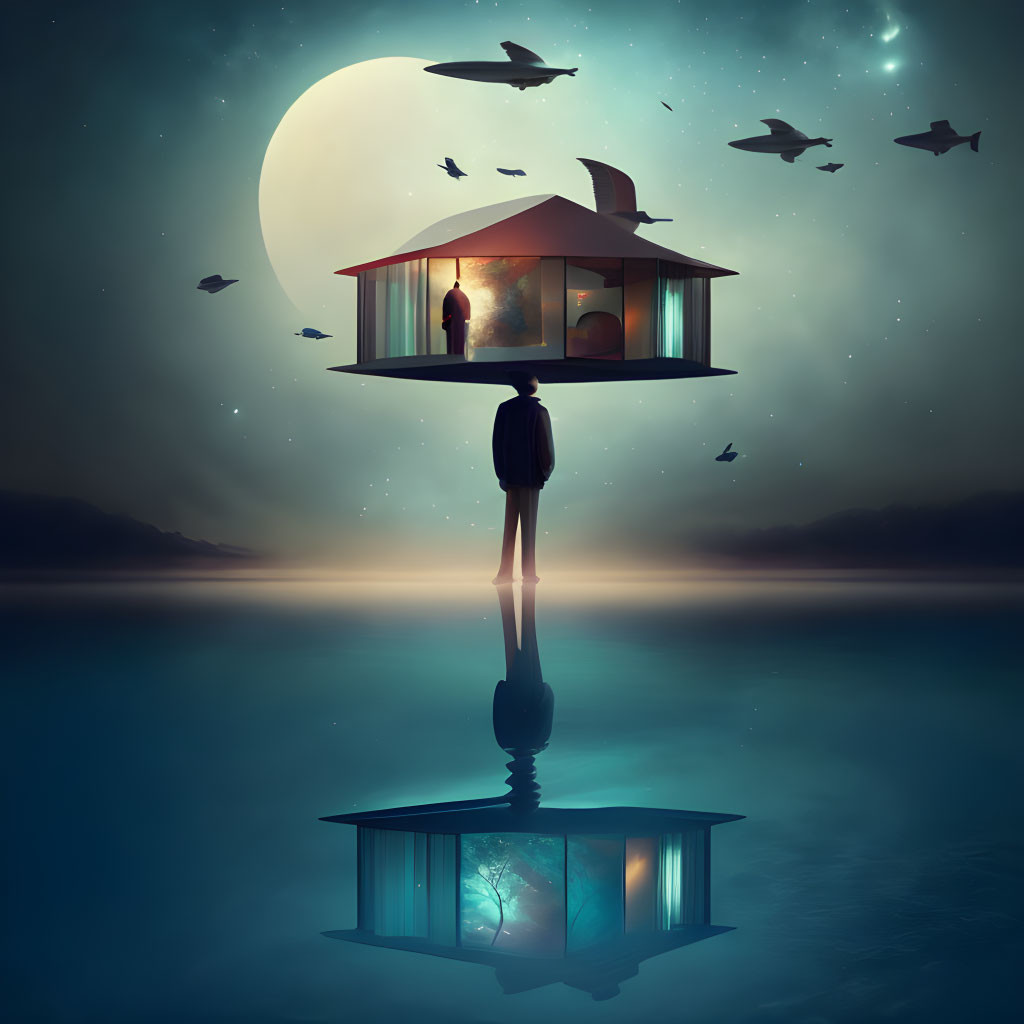 Surreal floating room under full moon with mirrored silhouette and flying birds