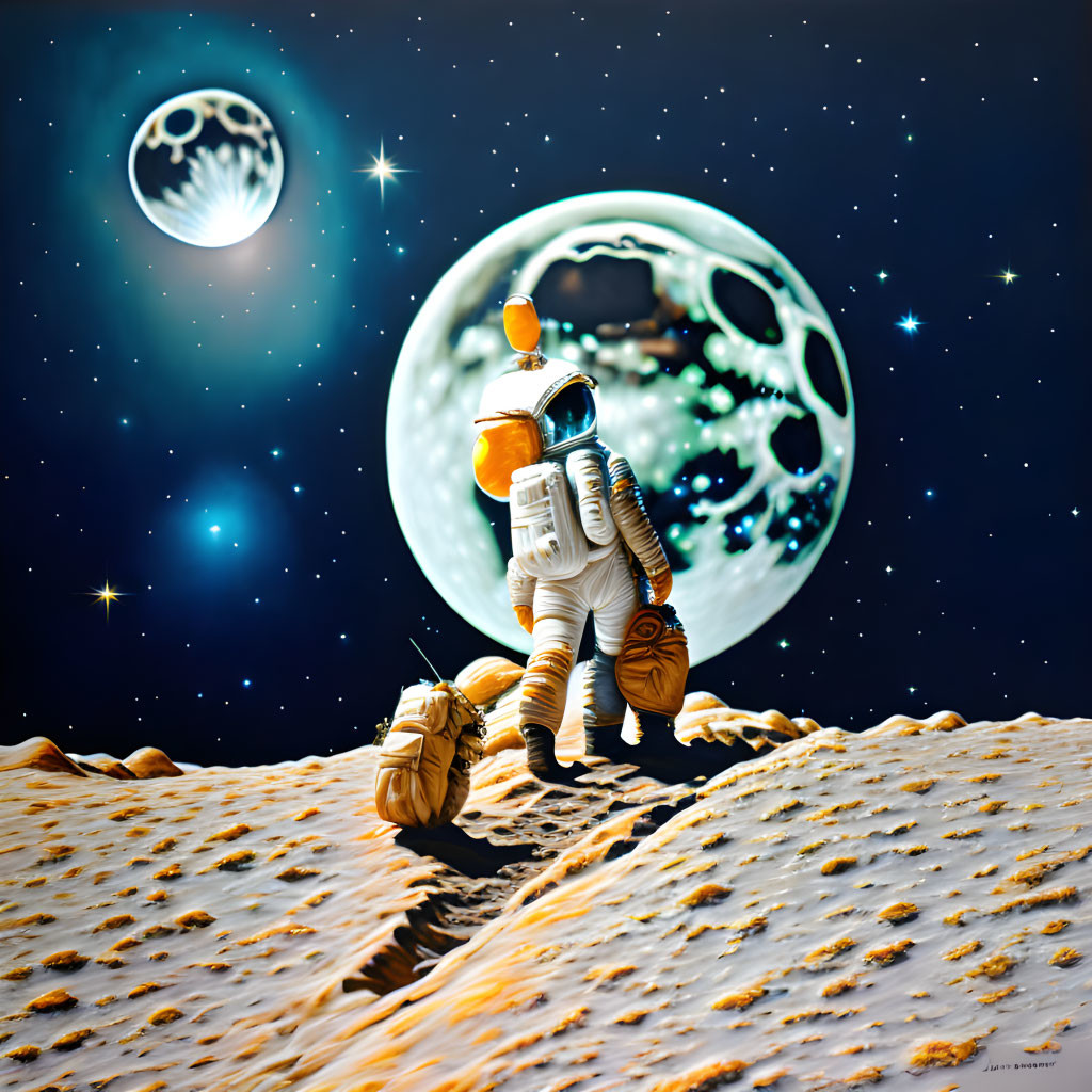 Astronaut on lunar surface with cratered moon and stars