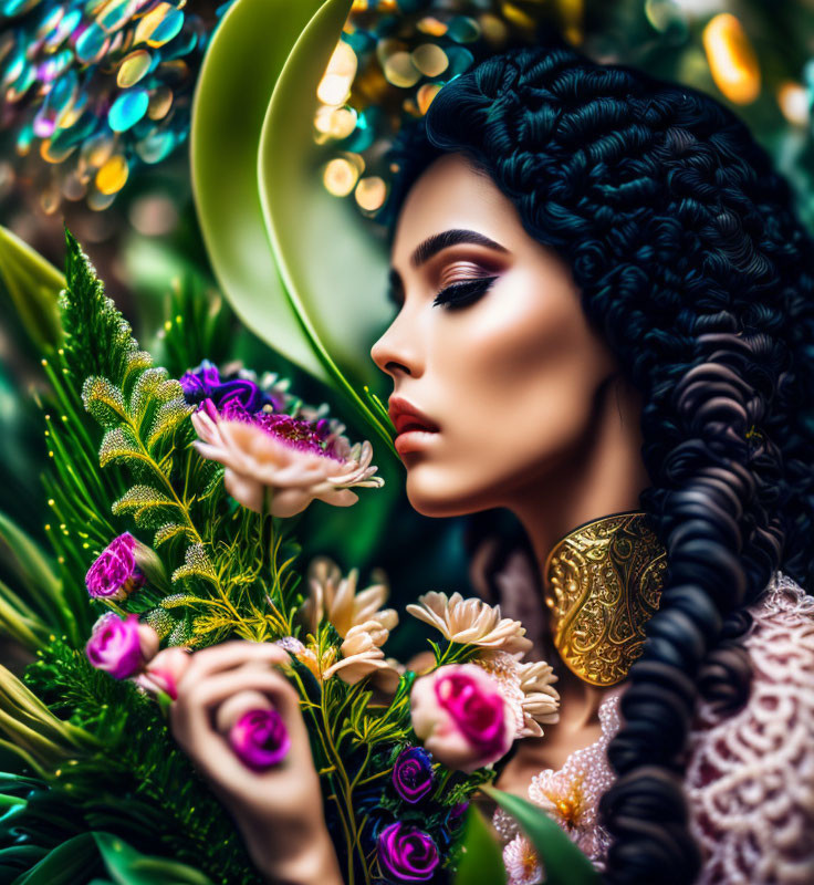 Woman with intricate braids and bold makeup holding vibrant flowers against peacock feather backdrop