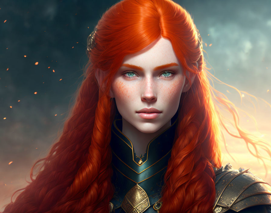 Vibrant digital artwork of a woman in medieval armor with red hair and green eyes