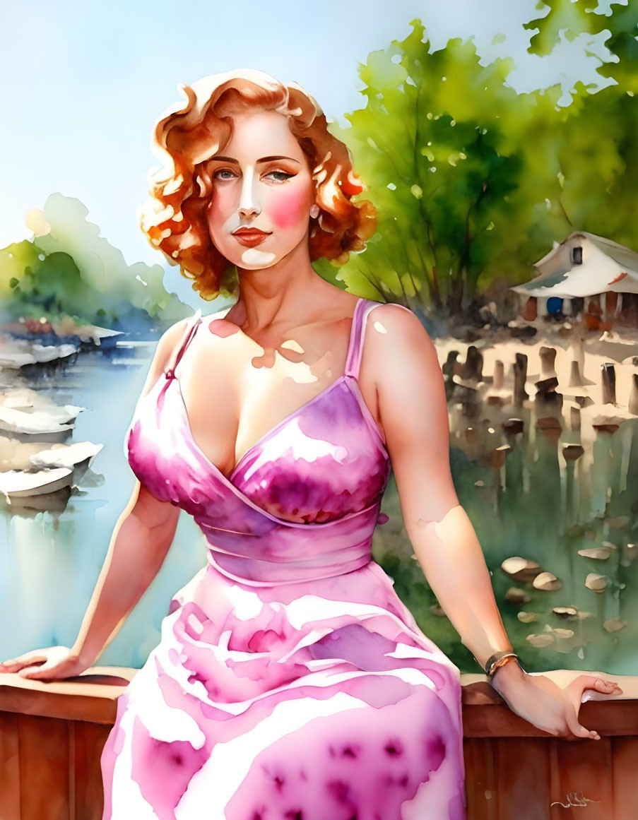 Illustration: Woman with curly red hair in pink dress by waterside with boats and greenery.