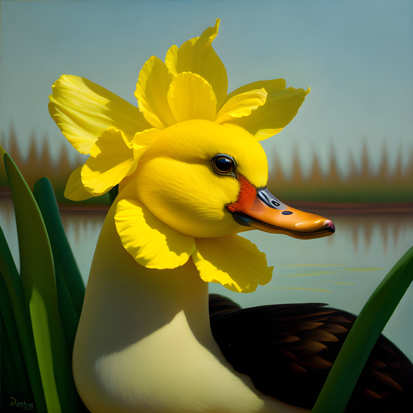 Vibrant duck digital artwork with daffodil petals in water setting