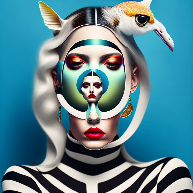 Surreal portrait of woman with white bird, layered design on blue background