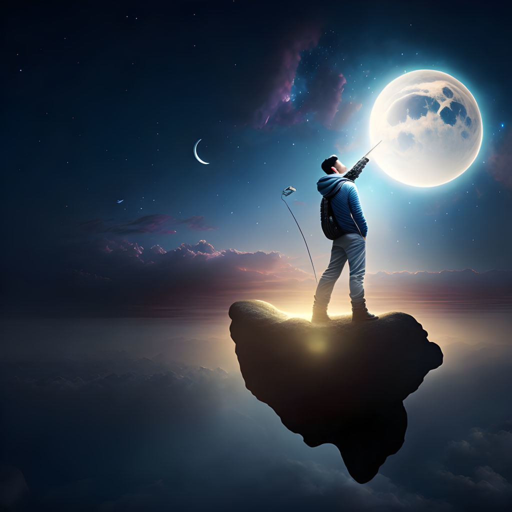 Person standing on floating rock reaches for full moon under starry sky