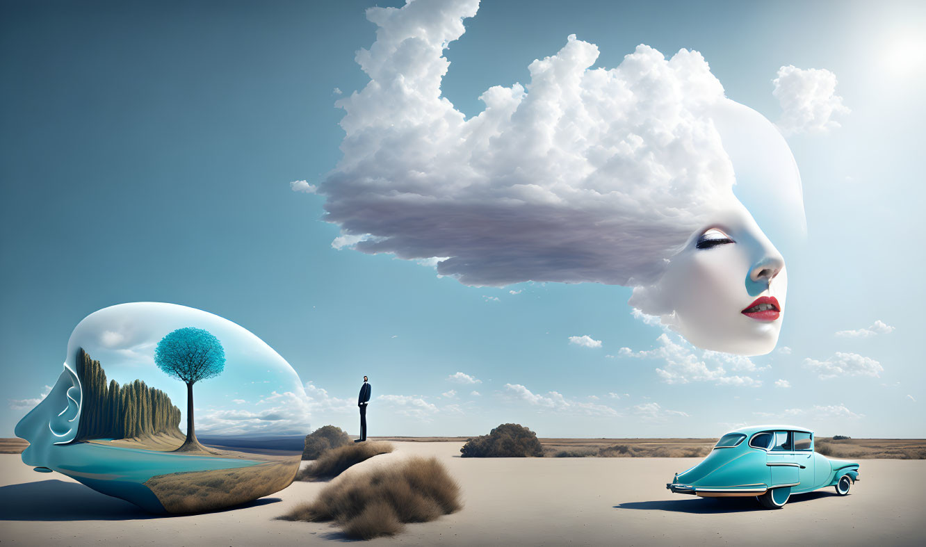 Surreal landscape with floating woman's face cloud, lone tree in a bubble, classic car under