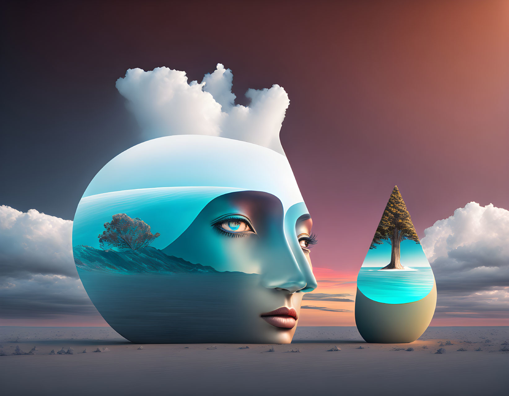 Surreal artwork: Two floating egg-shaped figures with landscape faces in twilight sky