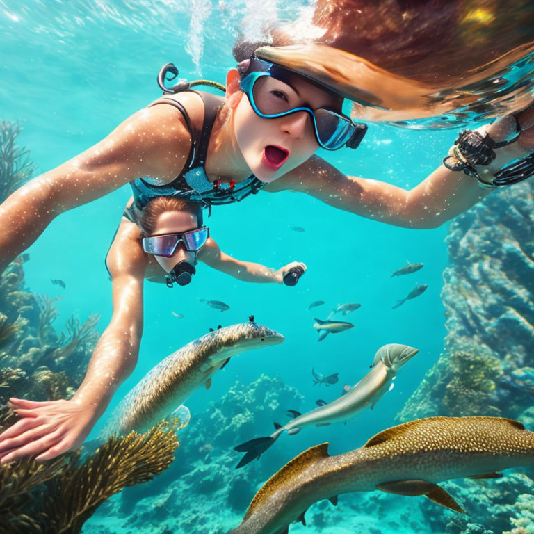 Person snorkeling with tropical fish in clear blue water