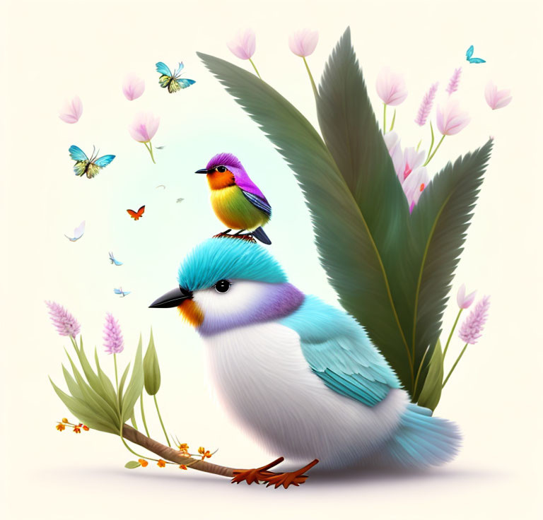 Colorful Bird Illustrations with Green Leaves and Butterflies