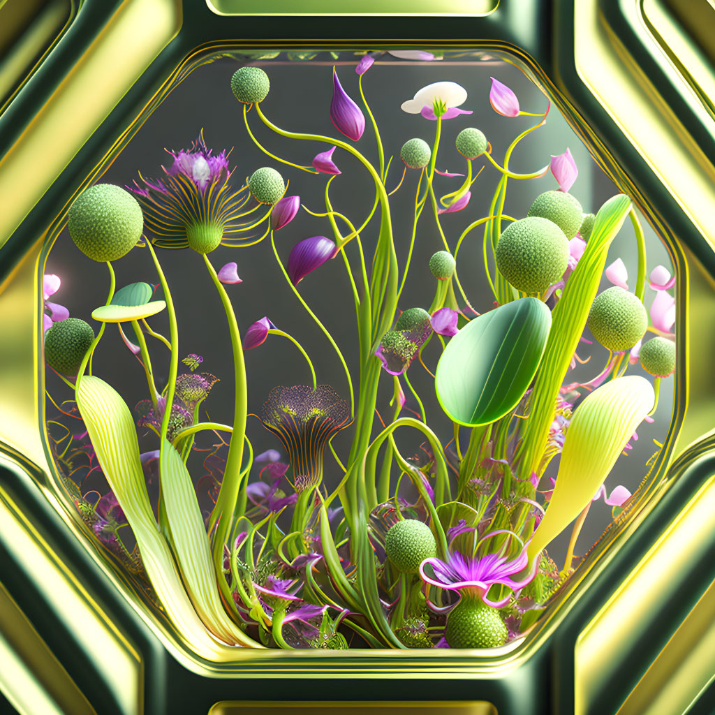 Detailed 3D floral elements in golden frame