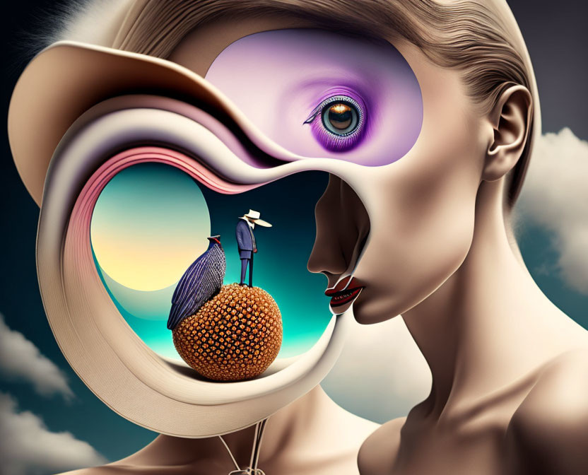 Surreal artwork of woman with abstract eye portal, bird, and figure on textured sphere