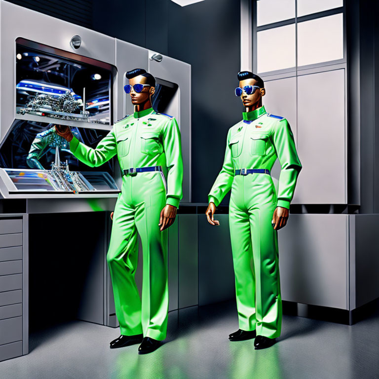 Reflective green uniform mannequins in futuristic control room setting