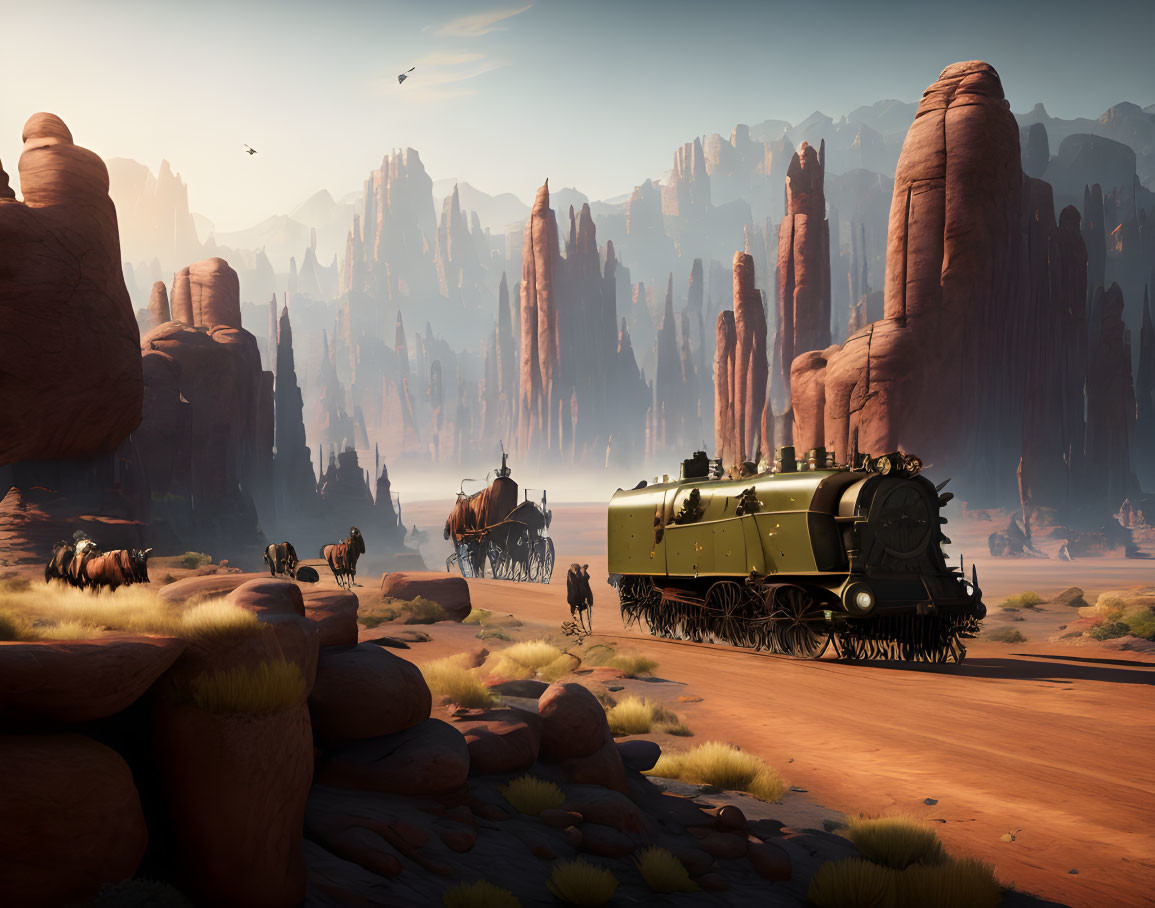 Vintage steam train crossing desert with rock formations, bison, and birds.