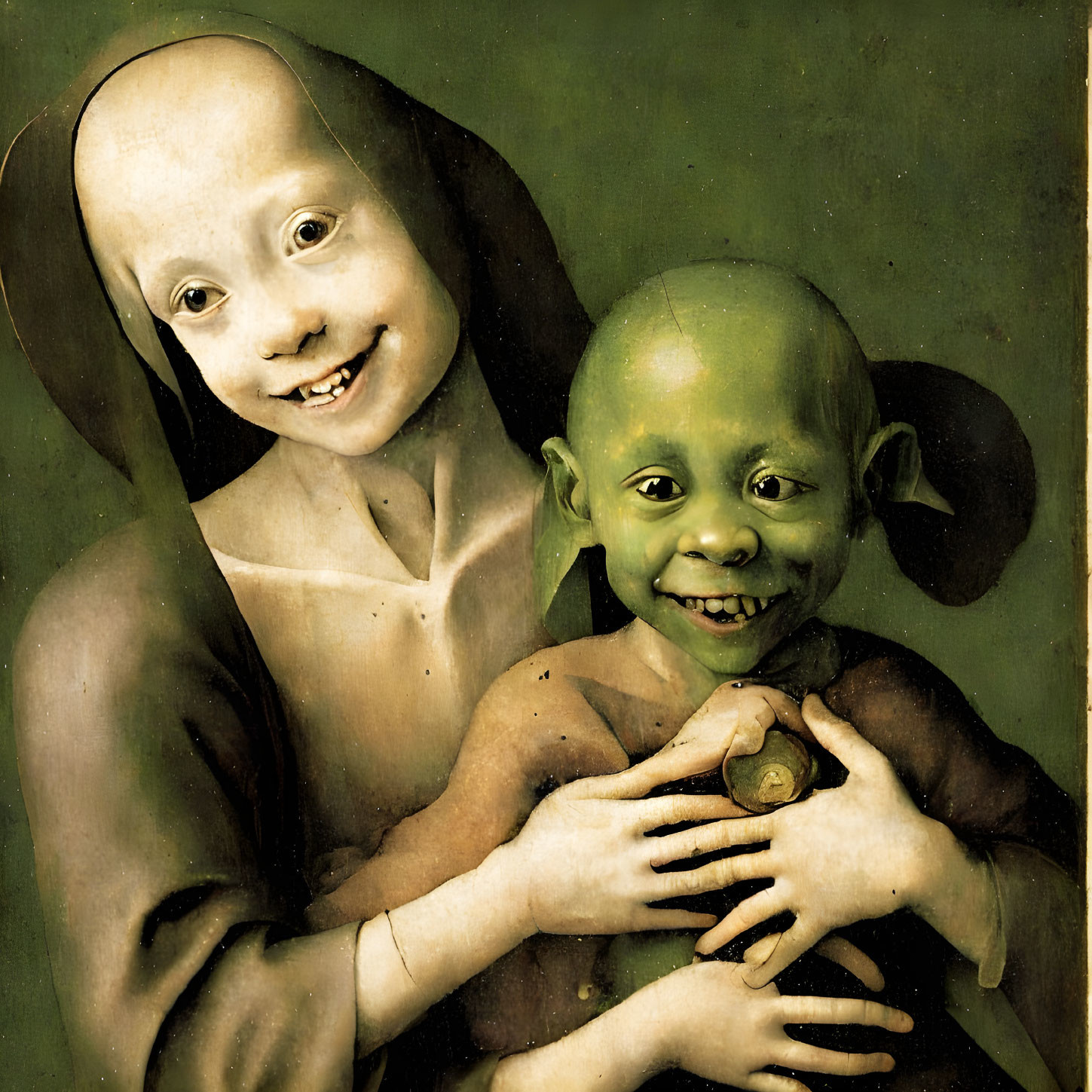 Smiling bald figures with wimple and pointed ears holding brown object