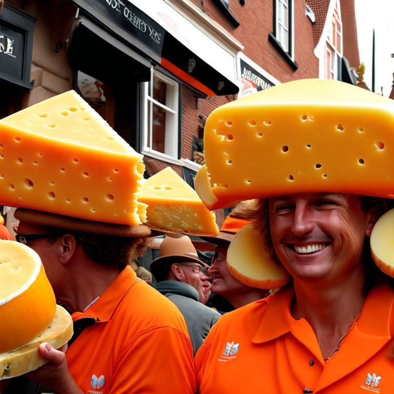 Group of People in Orange Outfits with Cheese-Shaped Hats Socializing