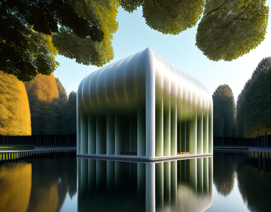 Cubic Structure with Vertical Grooves Surrounded by Water and Autumn Trees