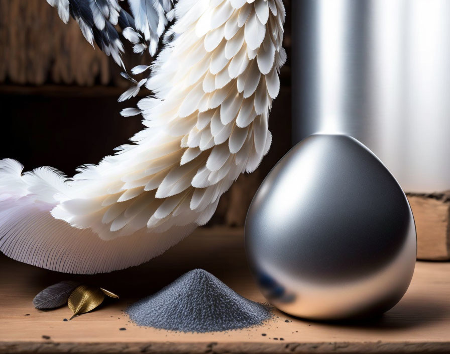 Shiny metallic egg, beads, black feather, white wing on wood