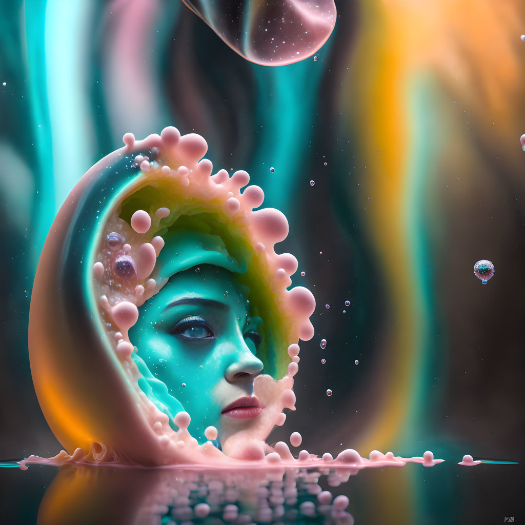 Colorful Liquid Surrounds Woman's Face in Surreal Portrait