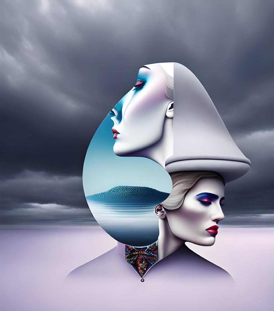 Surreal digital artwork: two stylized female faces in profile with circular landscape scene.