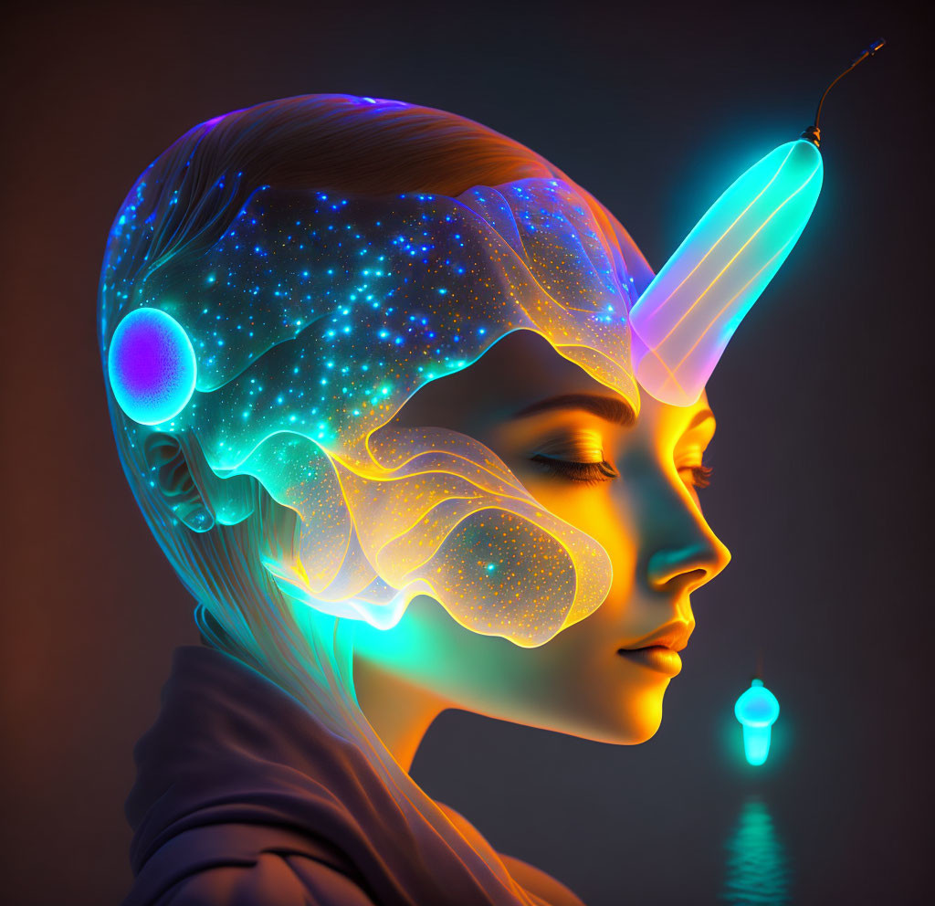 Digital Artwork: Glowing Woman with Cosmos Theme and Firefly Profile