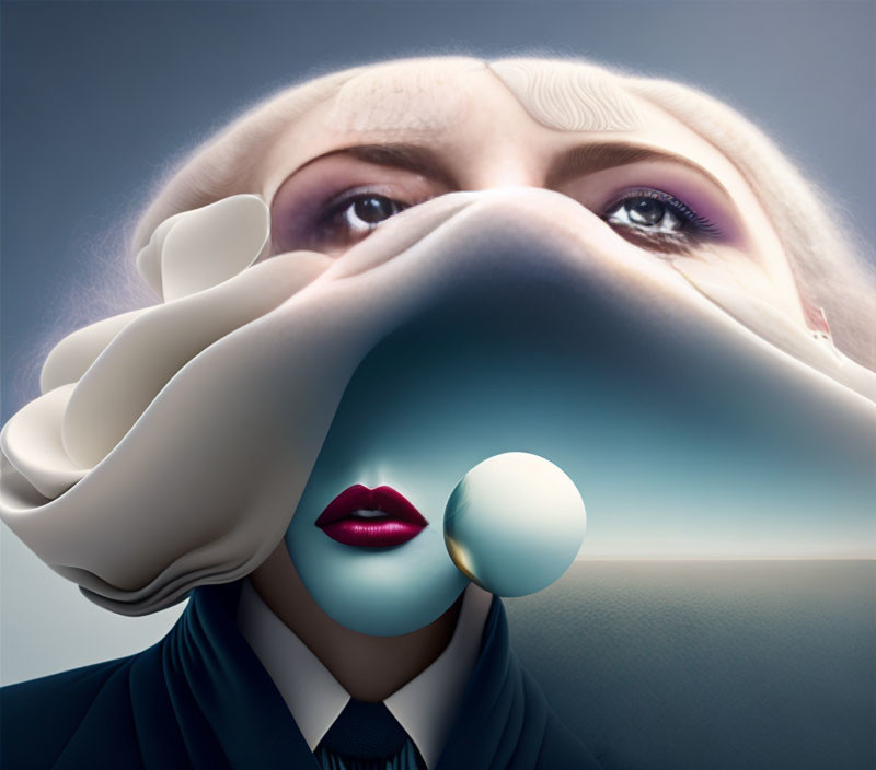 Exaggerated features in surreal portrait: large nose shape, white sphere in mouth