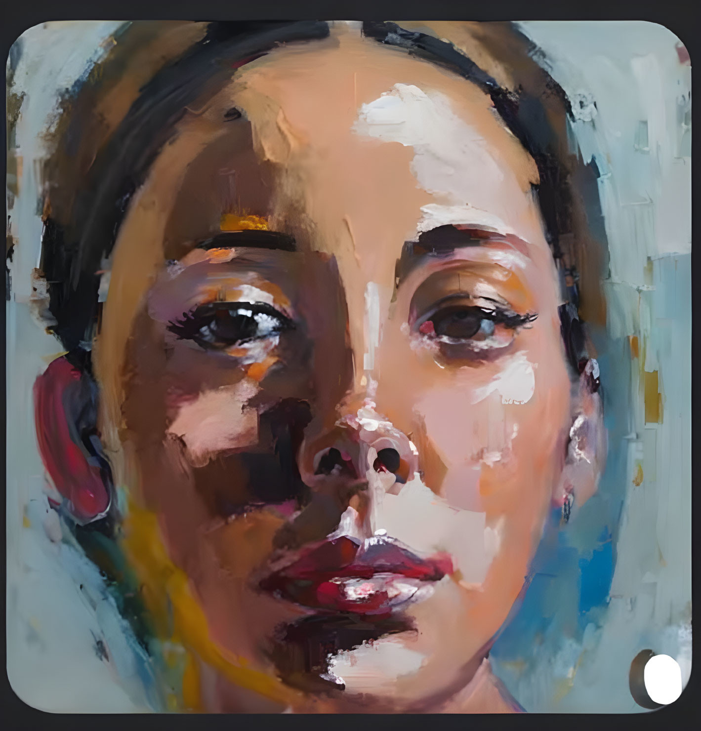 Vivid brush strokes on woman's face in contemporary oil painting