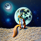 Astronaut on lunar surface with cratered moon and stars