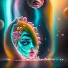 Colorful Liquid Surrounds Woman's Face in Surreal Portrait