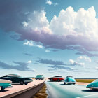 Surreal landscape with floating woman's face cloud, lone tree in a bubble, classic car under