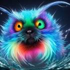 Fluffy colorful creature with orange eyes in starry sky