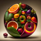 Digital artwork: Human face blended with apple, adorned with sliced fruits like orange, kiwi, and