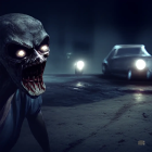 Skull-faced creature with glowing eyes in front of car headlights