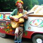 Colorful Hippie-Style Clothing People Selling Sandwiches by Painted Vehicles in Forest