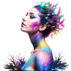 Woman with Colorful Flower and Feather Headpiece for Artistic Makeup Profile